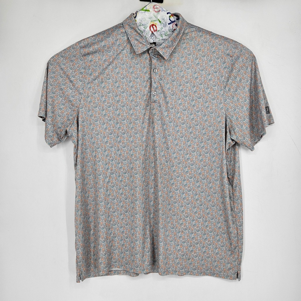 Huk Polo Shirt Mens XXXL Drinks AOP Short Sleeve Gray Casual Preppy Performance